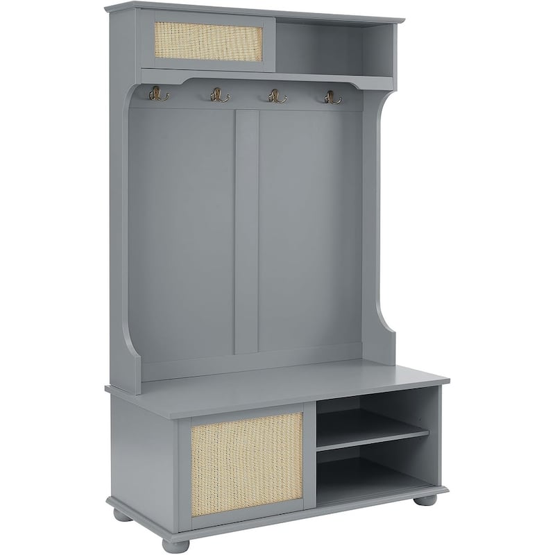 Roomfitters Casual Style Hall Tree Entryway Bench with Rattan Door Shelves, Shoe Cabinets, Solid Wood Feet