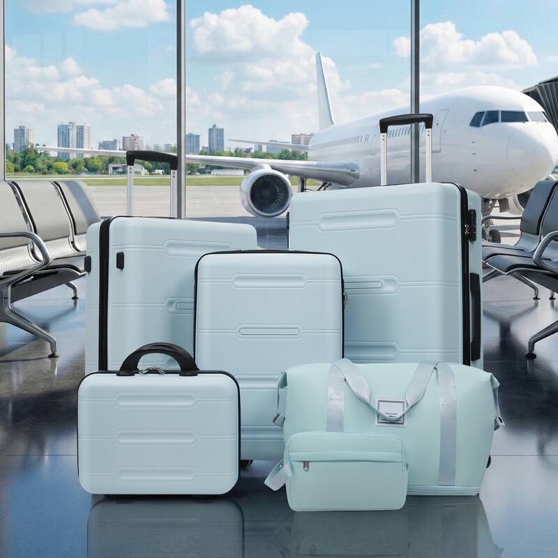 6 Piece Luggage Set, with Double Spinner Wheels Handle Password Lock, 14 IN Cosmetic Case 20/24/28 IN Luggages with Bag