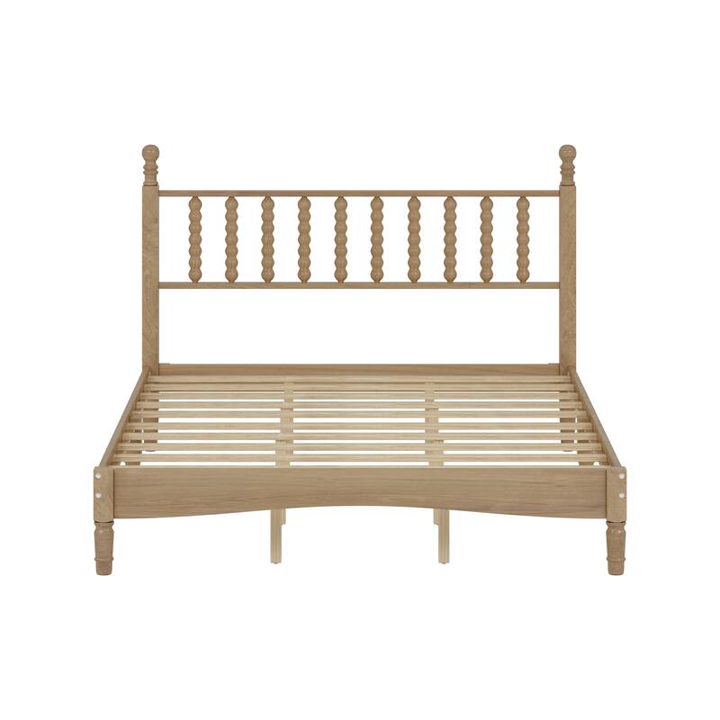 Natural Wood Queen Platform Bed with Curved Gourd Headboard, Vintage-Inspired Frame with Sturdy Slat Support