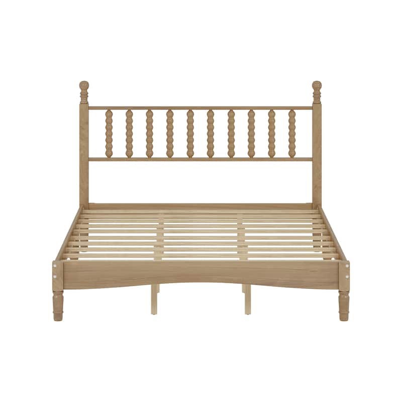 Wood Platform Bed Frame with Gourd Shaped Headboard, Retro Style Low Profile Bed with Wooden Slat Support, No Box Spring Needed