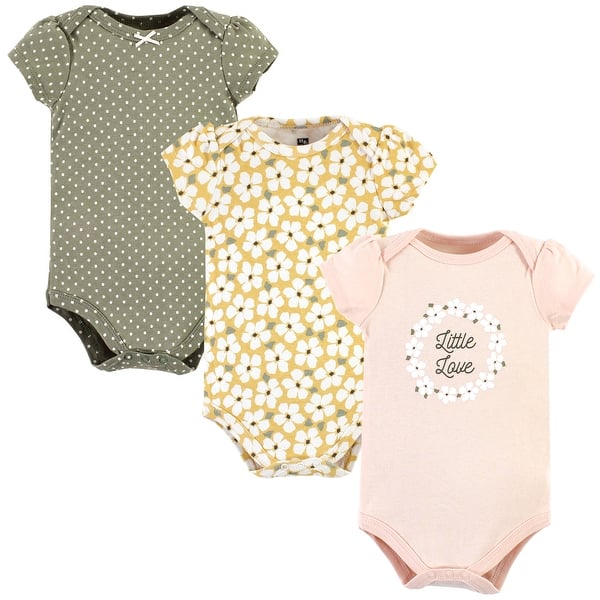 slide 1 of 1, Hudson Baby Infant Girl Cotton Bodysuits, Sage Floral Wreath 12-18 Months - Sage Floral Wreath 3 Pack