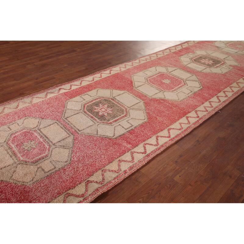 Pink & Red Geometric Anatolian Turkish Runner Rug Handmade Wool Carpet - 3'9"x 12'6"