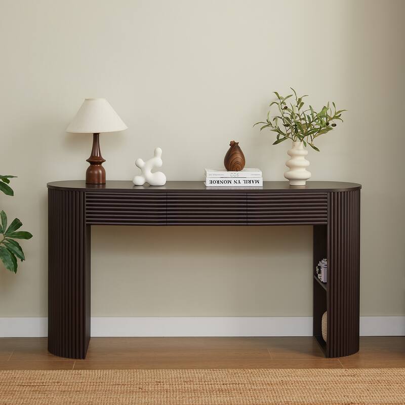 Retro Console Table with Storage, 3 Drawers, 1 Table-Leg Niche, Round Slat Aesthetic, Entryway, Living Room & Hallway