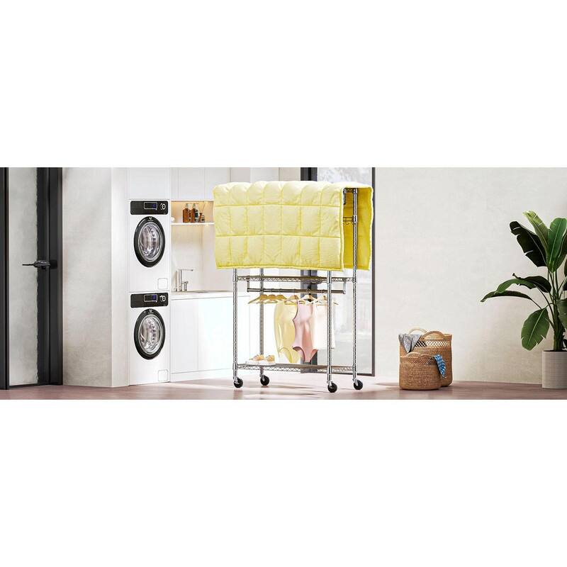 Heavy Duty Rolling Garment Rack with Wheels, 3-Tier Adjustable Wire Shelving, Clothes Rack with 2 Rods & Side Hooks