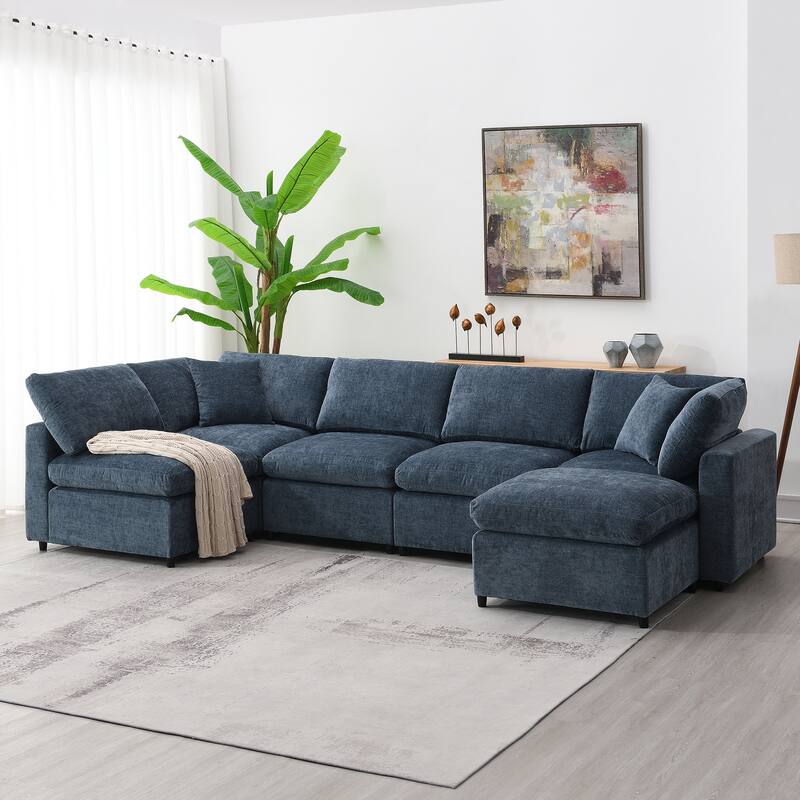 Dark Blue Modular Sectional Sofa Bed with Ottoman, Convertible U-Shape