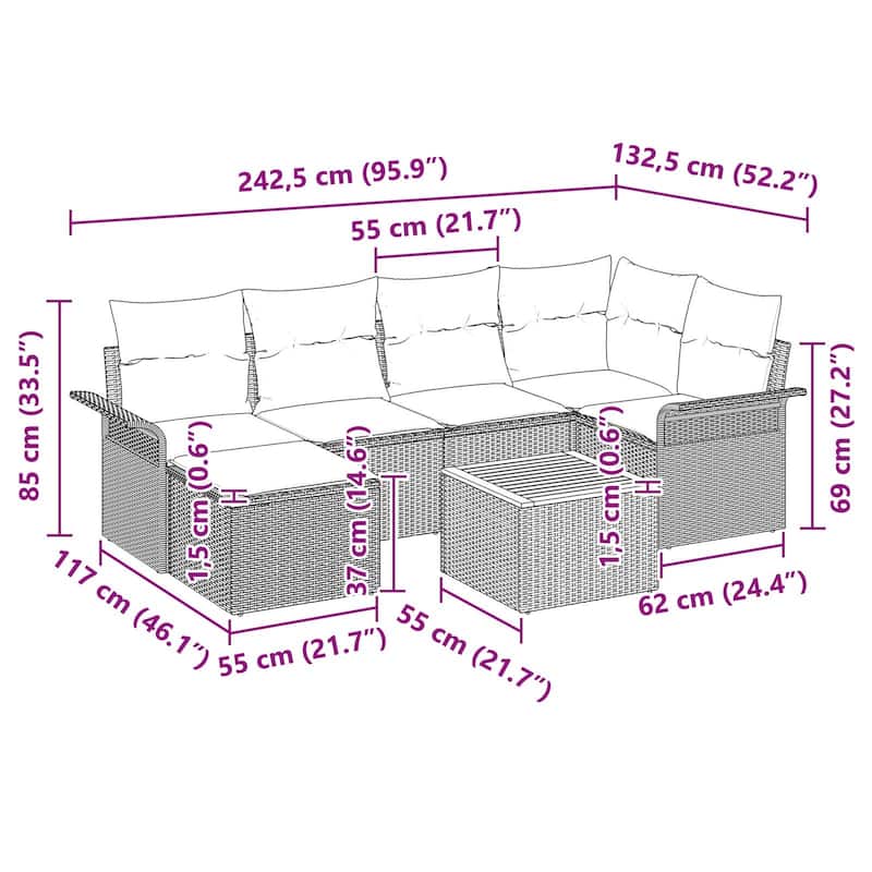 vidaXL 7 Piece Garden Sofa Set with Cushions - 95.9×52.2×27.2