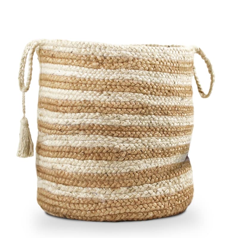 Sevita Striped Jute Hand-Stitched Storage Basket with Handles - 17" x 17" x 17" - Tan/Off-White