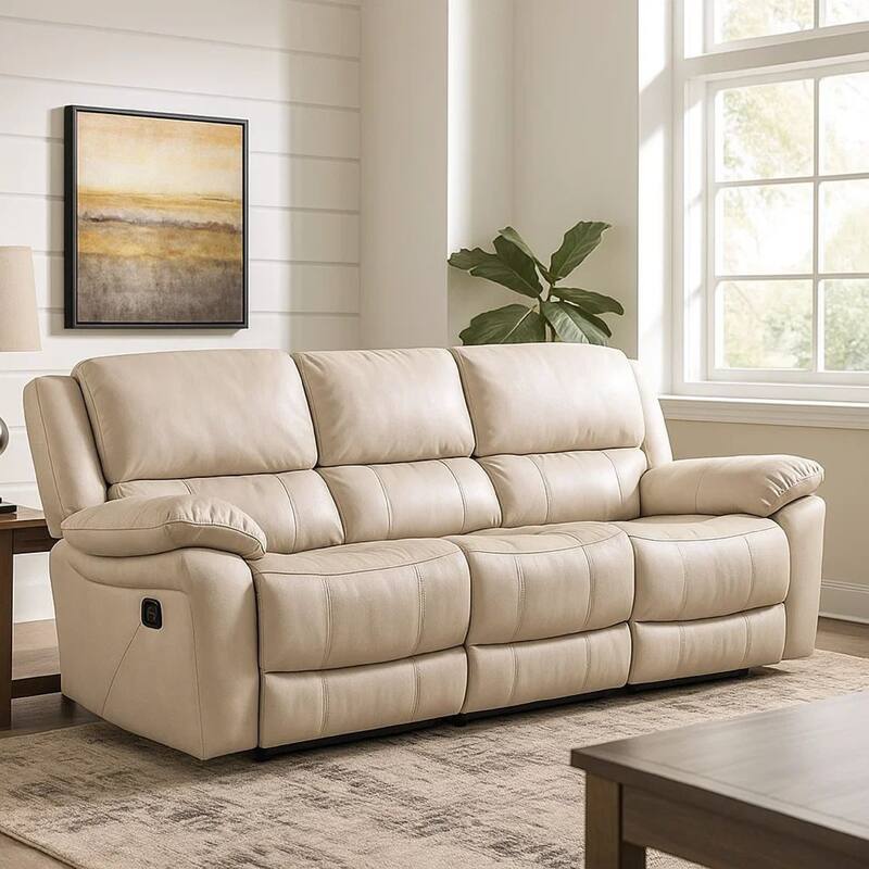 Larus Sofa, Manual Reclining Mechanism, Off White Faux Leather, 82 Inch