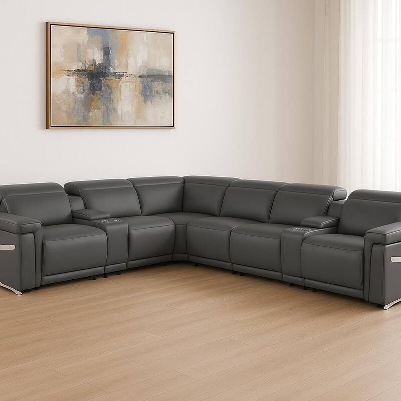 HomeRoots Gray Italian Leather Modular L Shaped Eight Piece Corner Sectional With Console - Reversible - Gray