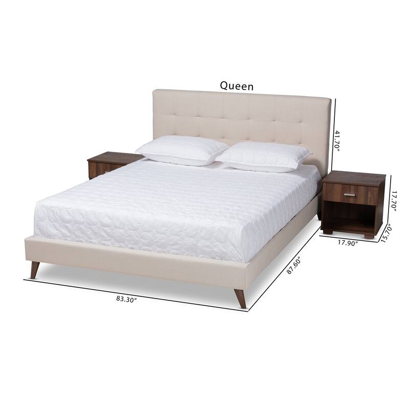 Queen Size Platform Bed with Nightstands - Upholstered Fabric Bed Frame, Beige, Modern Bedroom Furniture