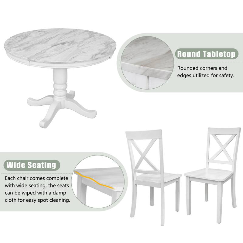 5-Piece Solid Wood Dining Table Set with 4 Chairs, Modern Marble-Style Table, Rubberwood Frame for Kitchen or Dining Room
