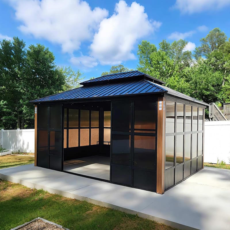 PURPLE LEAF Double Top Outdoor Wood Grain Sunroom All-Weather Screen House Patio Hardtop Gazebo