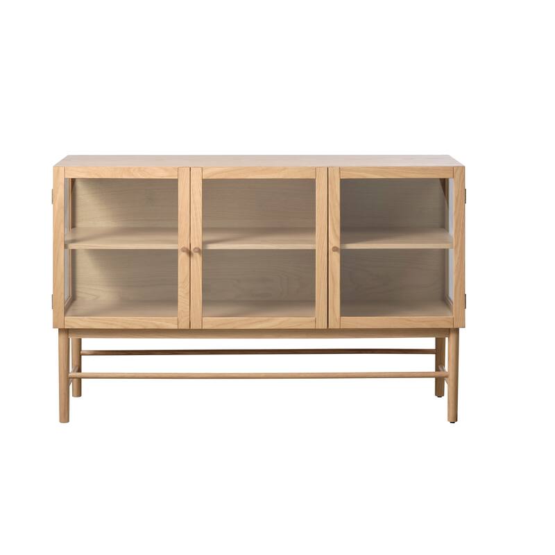 Rye Studio Modern 3 Door Glass Panel Sideboard, Natural Oak - 17"W x 55"L x 34.625"H