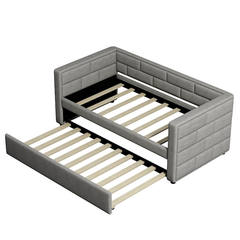 Roomfitters Twin Size Upholstered Daybed with Trundle and Padded Backrest, Gray