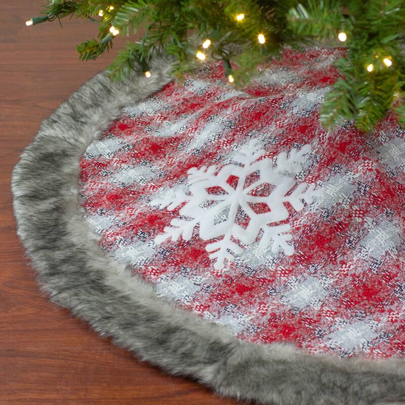 48" Red and White Plaid Christmas Tree Skirt with Snowflake - 48