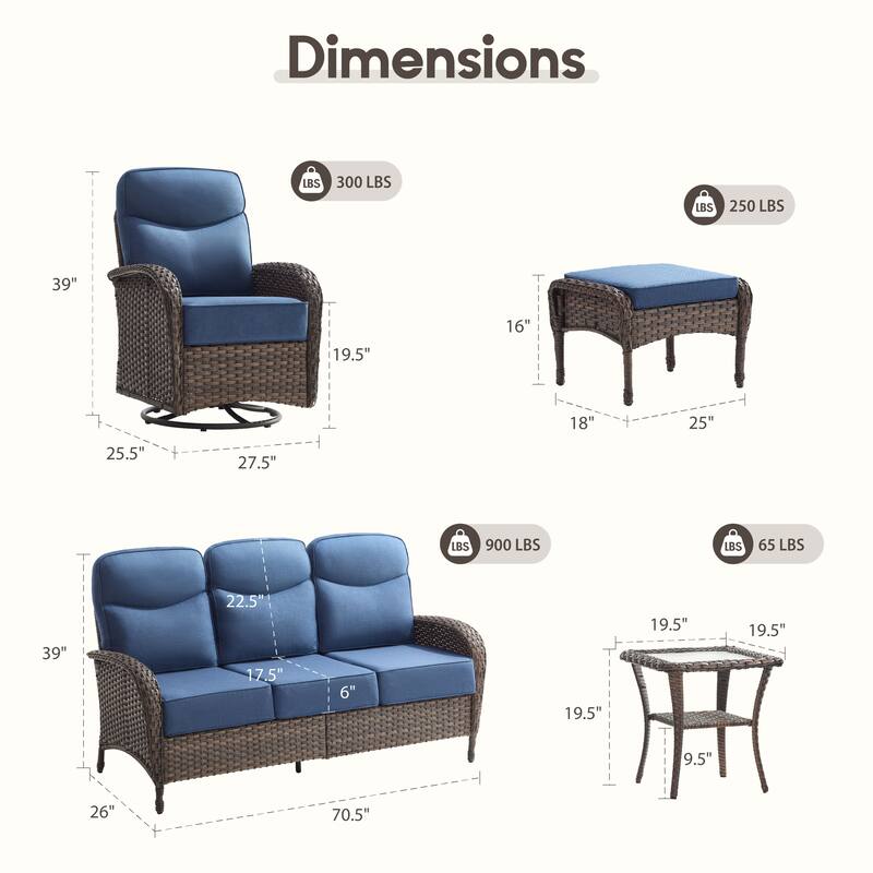 Luna 6-Piece Wicker Patio Conversation Set with Swivel Gliders and 6-Inch Thick Olefin Cushions