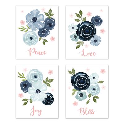 Sweet Jojo Designs Navy Blue and Pink Watercolor Floral Wall Art Prints (Set of 4) - Blush Green White Shabby Chic Rose Flower