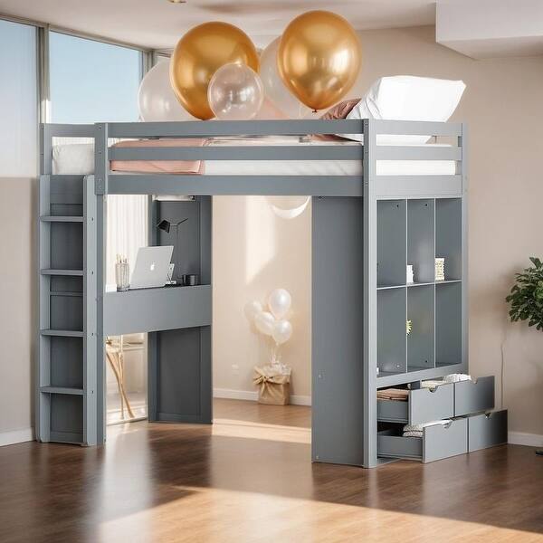 slide 2 of 20, Twin Size Loft Bed with large shelves, writing desk & LED Light, Grey Grey