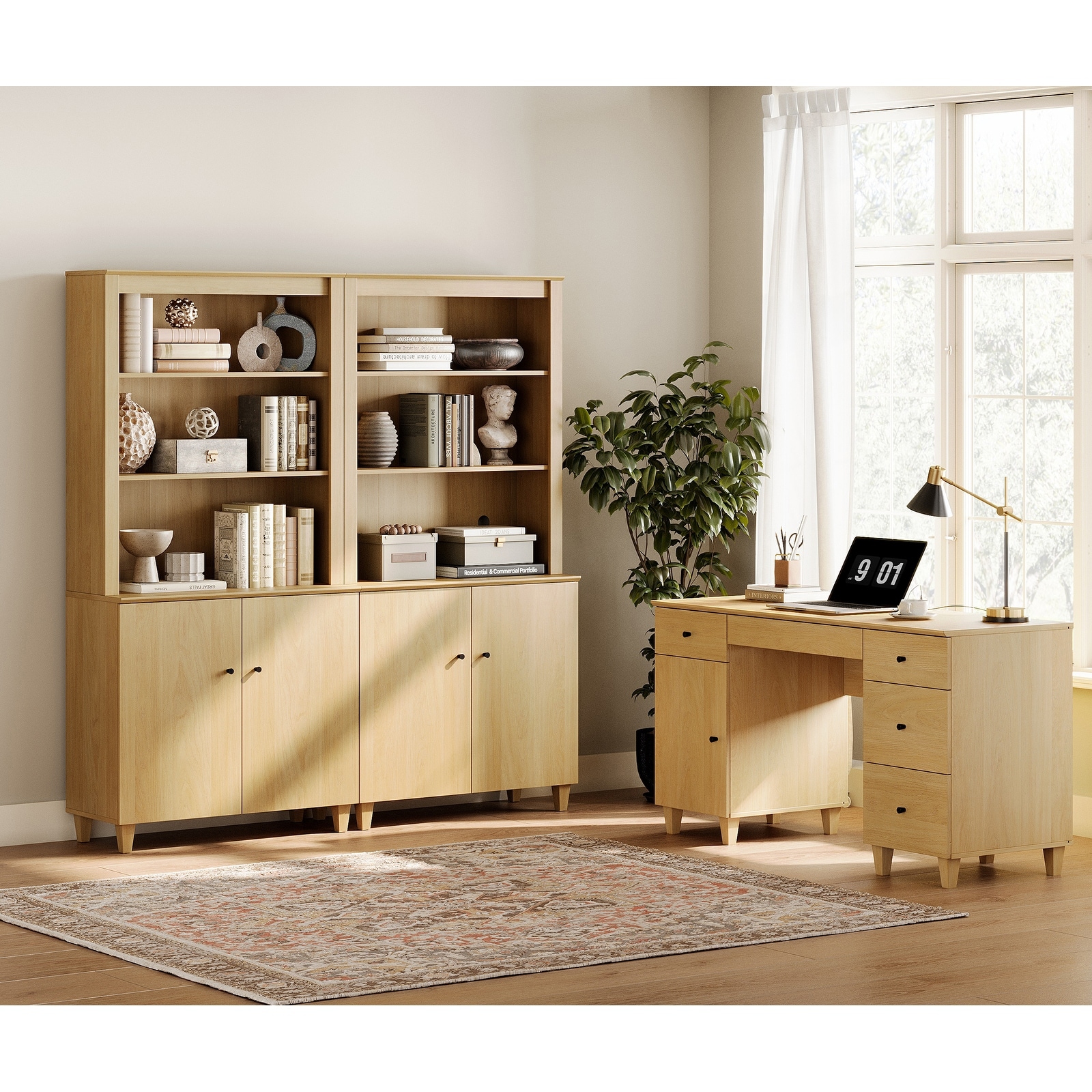 WAMPAT Home Office Furniture Set, 58" Executive Desk with Cabinet, 2-Column 71" Tall Bookcase with Doors and Adjustable Shelves