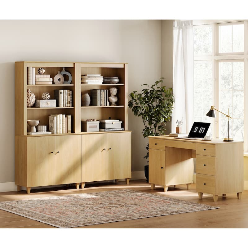 WAMPAT Home Office Furniture Set, 58" Executive Desk with Cabinet, 2-Column 71" Tall Bookcase with Doors and Adjustable Shelves - Oak Wood