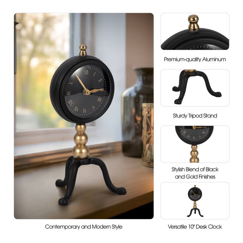 Sagebrook Home 10" Addison Gold And Black Desk Clock, Perfect for Decor - 5" x 5" x 10"
