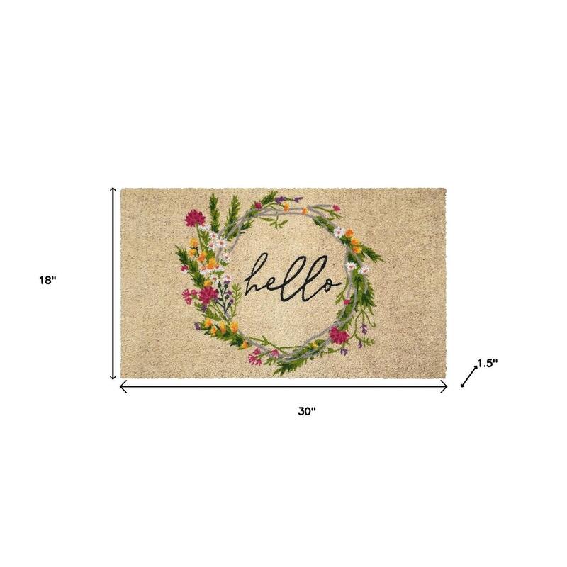 HomeRoots 18" X 30" Brown Green And Black Floral Hello Outdoor Coir Door Mat - 18.00' X '30.00