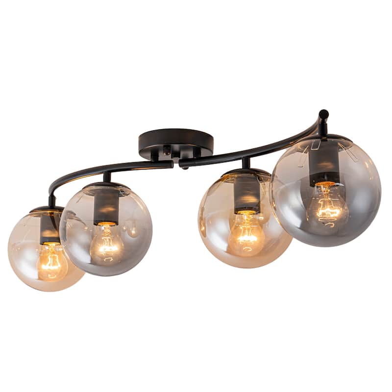 4 Lights Linear Metal Flush Mount Ceiling Light with Smoky and Amber Glass Globes - Dia.31.89-in