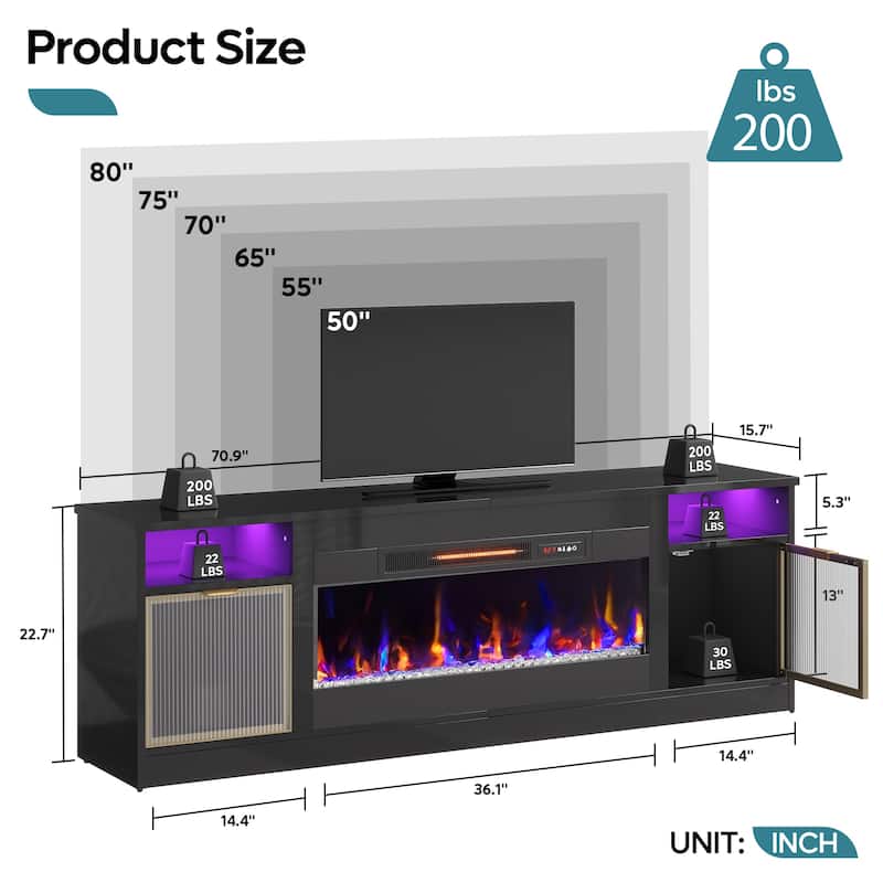 Bestier 71 in. Freestanding Fireplace TV Stand for TVs Up to 80 in. with Ample Storage in Glossy - 22.83hx71wx15.75d