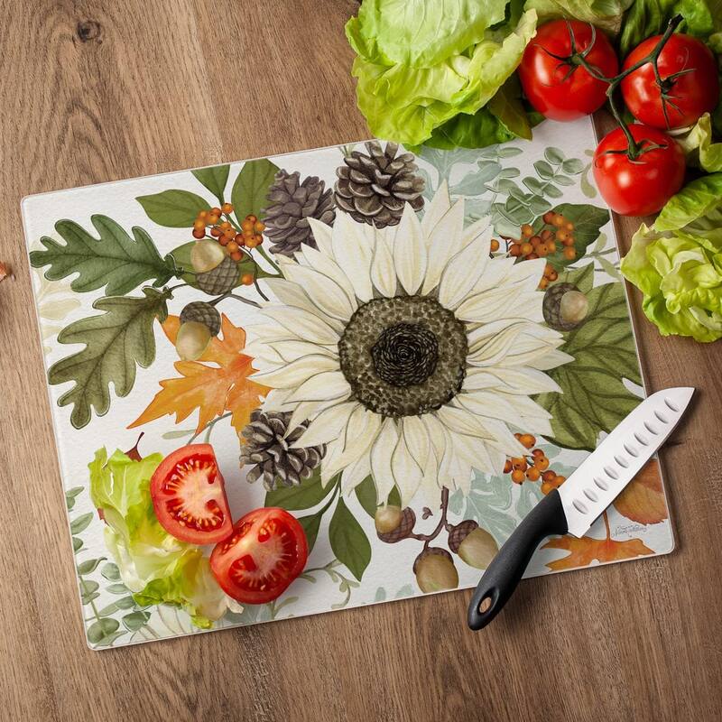 Farmhouse Fall Decorative 3mm Heat Tolerant Tempered Glass Cutting Board 15" x 12" Manufactured in the USA Dishwasher Safe