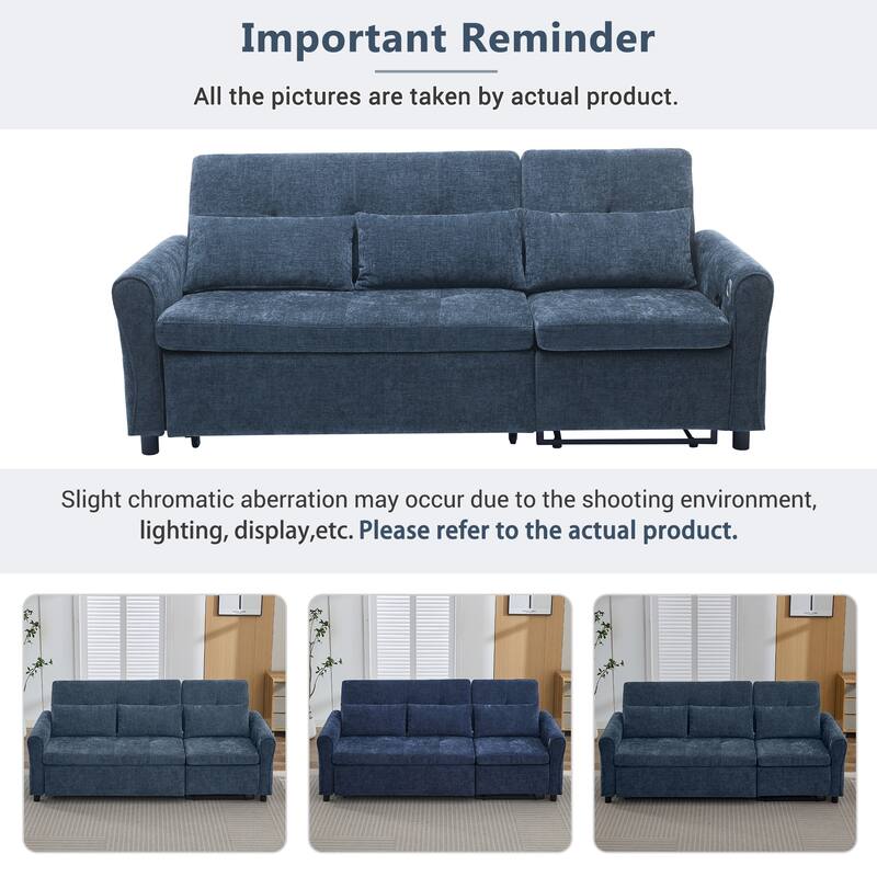 82″ Chenille 2-in-1 Sofa Bed with Adjustable Backrest, Reversible Chaise & USB Ports