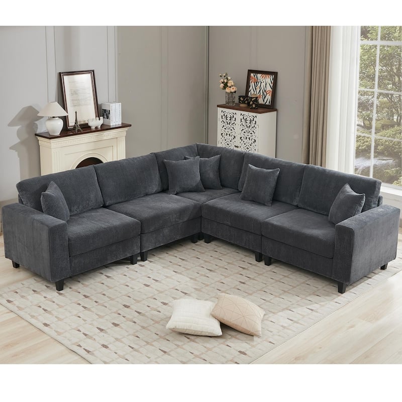 Modular Sectional Sofa for Living Room, Modern Oversized Corduroy Couch with Pillow, 5 Seater L-Shaped Sofas Comfy Couches