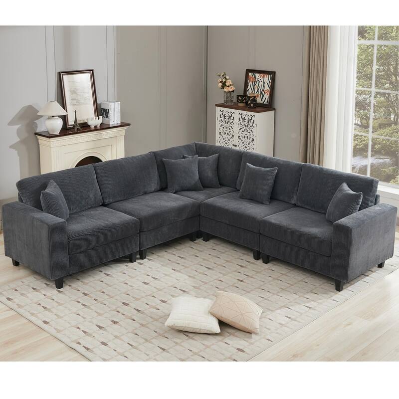 Oversized Modular Sectional Sofa Set, L Shaped, Corduroy Upholstered, 5 Seat, Gray