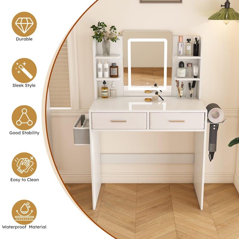 Vanity Desk with LED Light Mirror, 3-Color Adjustable Light Strips, Dressing Table with Hair Dryer Stand & 2 Large Drawers