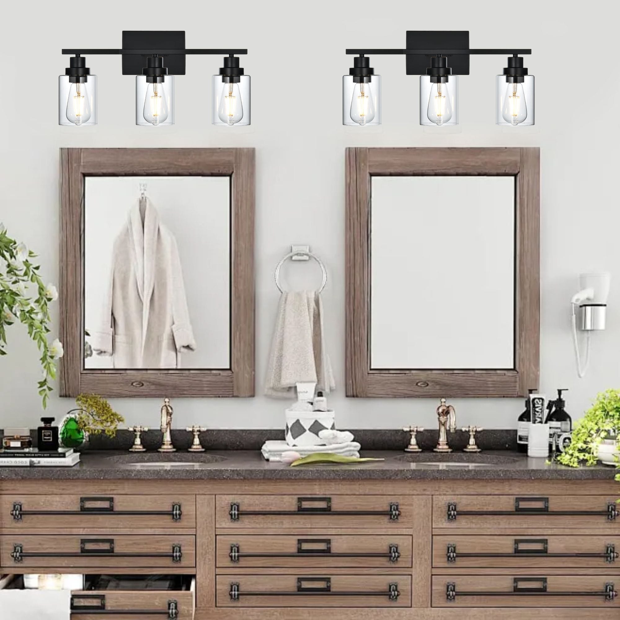 3-Light Wall Light Black Bathroom Vanity Lights, E26 Modern Bathroom Light Fixtures with Clear Glass Shade, Sconces Wall Lights