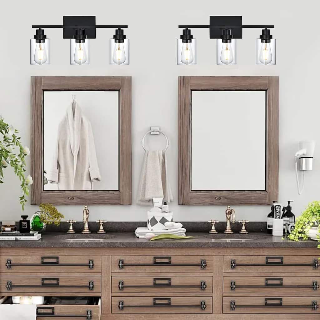 3-Light Wall Light Black Bathroom Vanity Lights, E26 Modern Bathroom Light Fixtures with Clear Glass Shade, Sconces Wall Lights