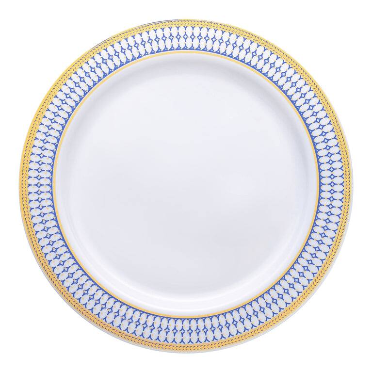 Elegant Gold Chord Rim Disposable Plastic Plate Packs - Party Supplies - 120pcs - Salad Plates - White with Blue and Gold Rim
