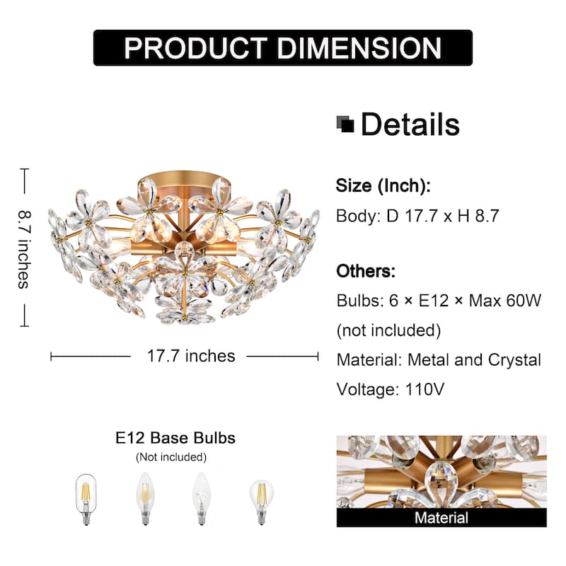 Rosa 6-Light Brushed Silver-ish Champagne Flower Crystal Flush Mount