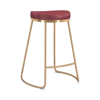 Set of 2 Modern Red and Gold Counter Height Bar Stools with Faux Leather Bucket Seats for Kitchen or Living Room