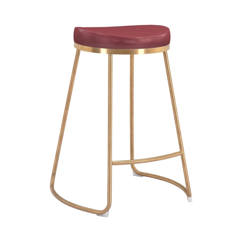 Set of 2 Modern Red and Gold Counter Height Bar Stools with Faux Leather Bucket Seats for Kitchen or Living Room
