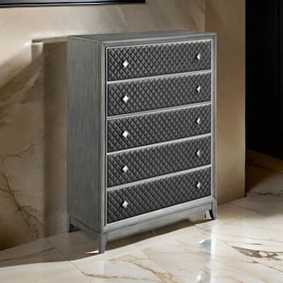 Stacy 55 Inch Tall Dresser Chest, 5 Faux Leather Upholstered Drawers, Gray