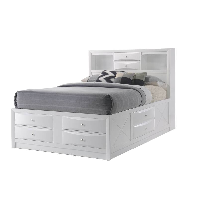 Eight Drawer Full Size Storage Bed with Bookcase Headboard, White