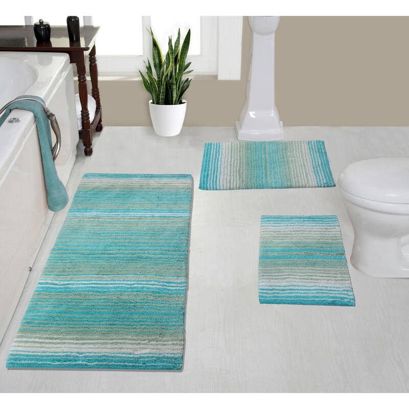 Gradiation Rug Collection 100% Cotton Non-Slip Bathroom Rug Set, Machine Washable Bath Rug, 3 Piece Set with Runner Rug - Turquoise