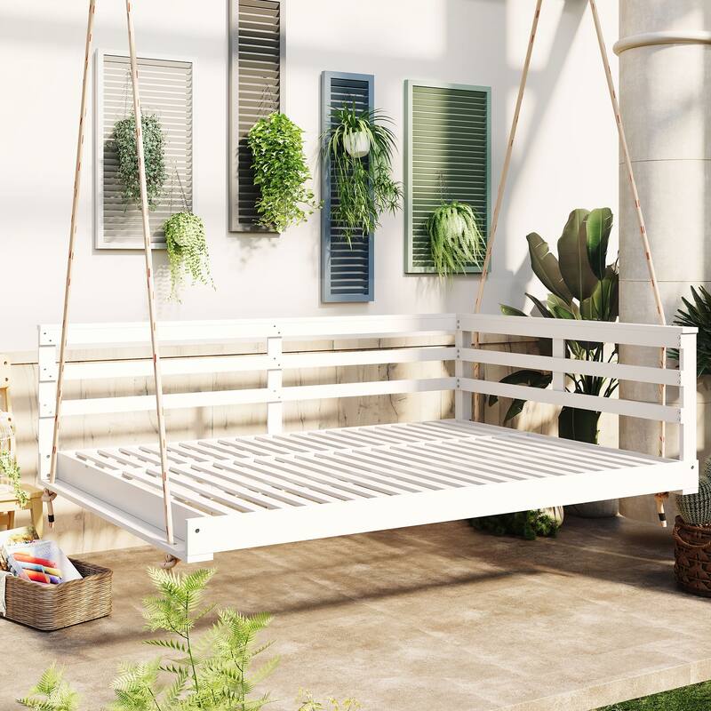 Durable Acacia Wood Porch Swing Bed with Hemp Ropes for Patio and Garden - White