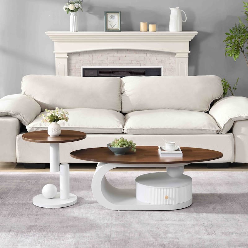 Nesting Coffee Table Set of 2, Wood Top Storage Center Table with Drawers, Oval Cocktail Table and Round Side Table Set - Antique Brown+White