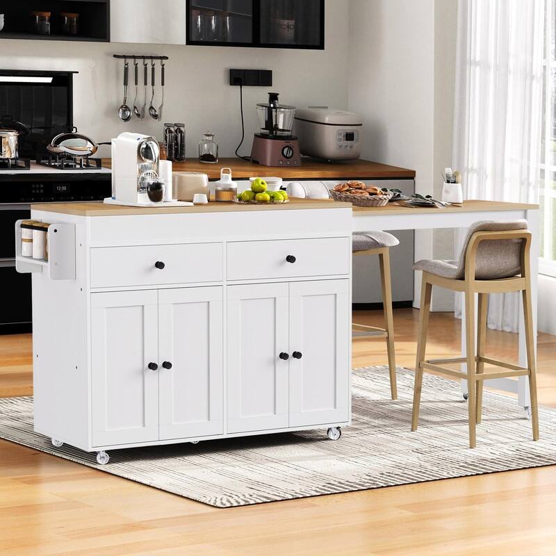 74.5“ Kitchen Island with Extendable Dining Table, Rolling Kitchen Island on Wheels with Spice Rack, Drawers and Cabinets