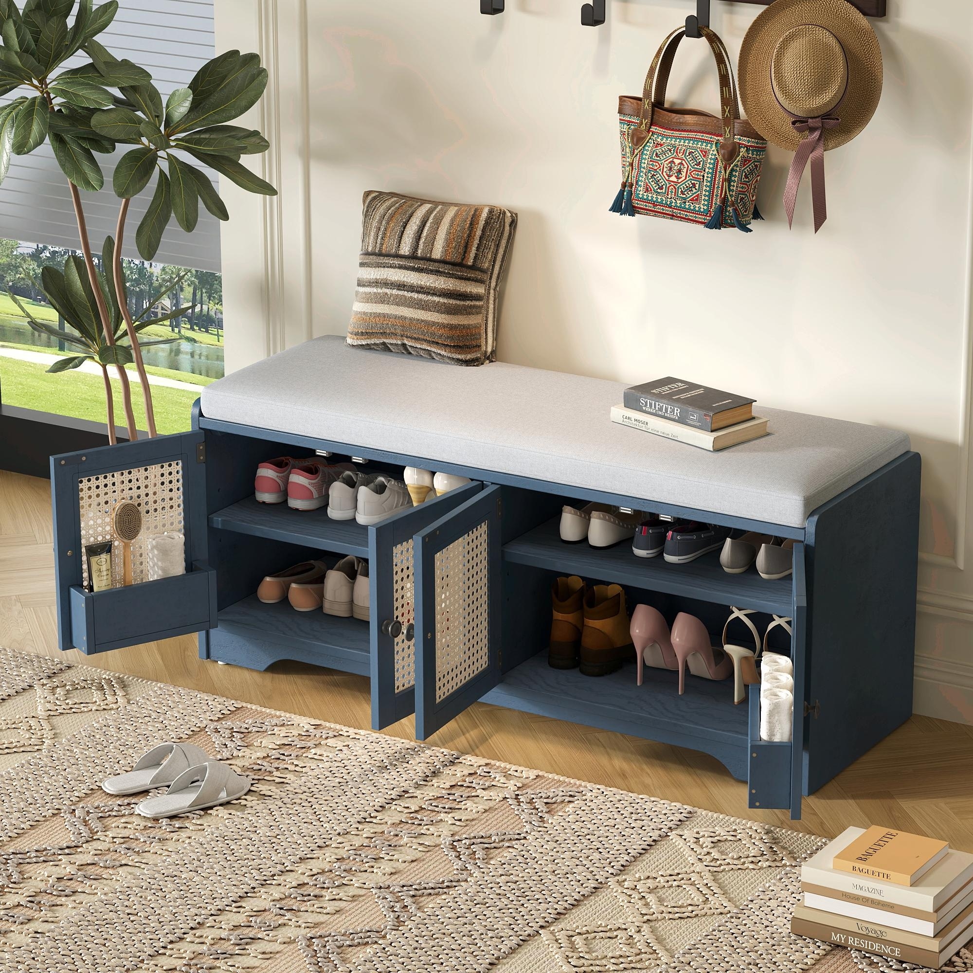 Rustic Storage Bench with Removable Cushion, Woven Rattan Doors & Adjustable Shelves