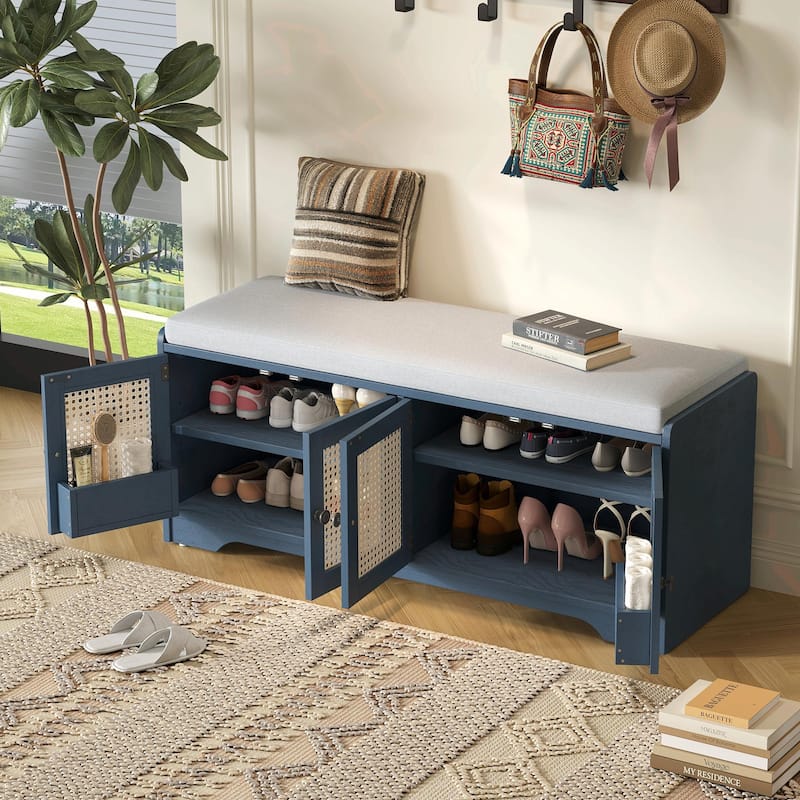 Rustic Storage Bench with Removable Cushion, Woven Rattan Doors & Adjustable Shelves - Antique Navy+Beige
