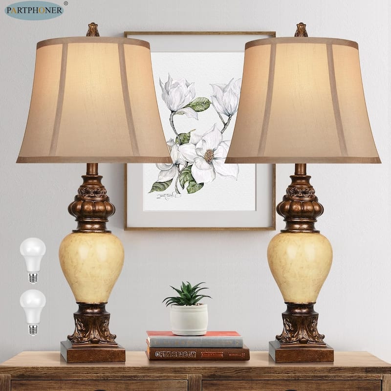 28" High Traditional Table Lamp Set of 2, Vintage Bronze Bedside Lamps with Faux Silk Bell Shades, Nightstand Lamp - Brown