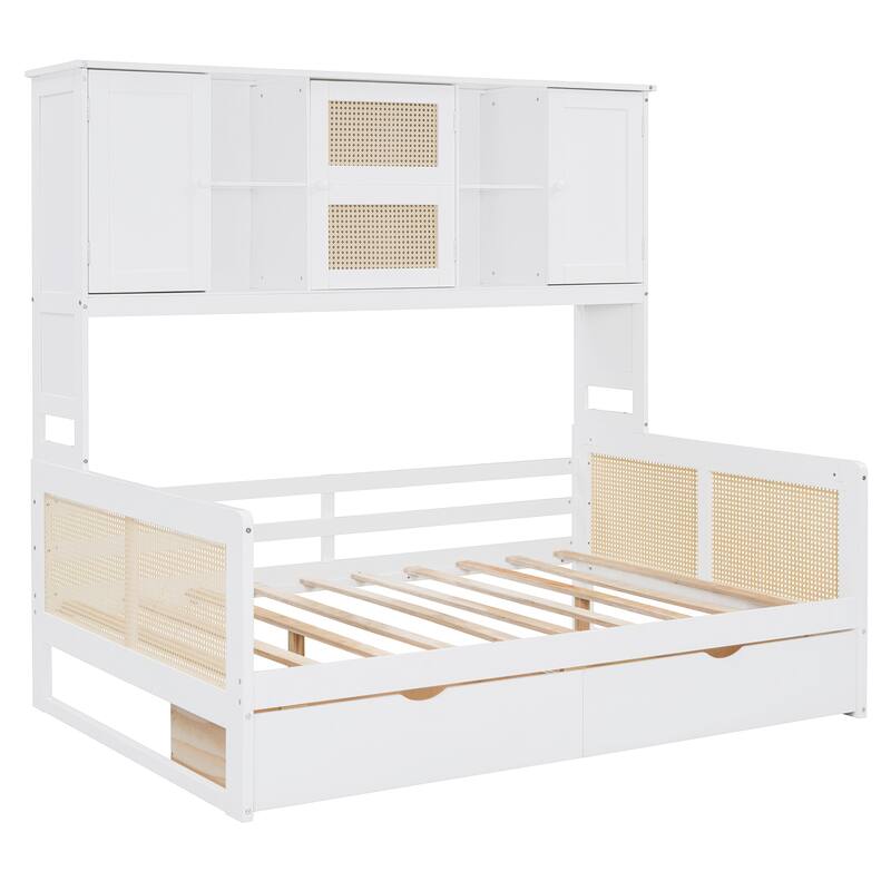 Full Size Daybed, Wooden Full Daybed Frame with 2 Storage Drawers, All-in-One Cabinet and Shelf for Bedroom
