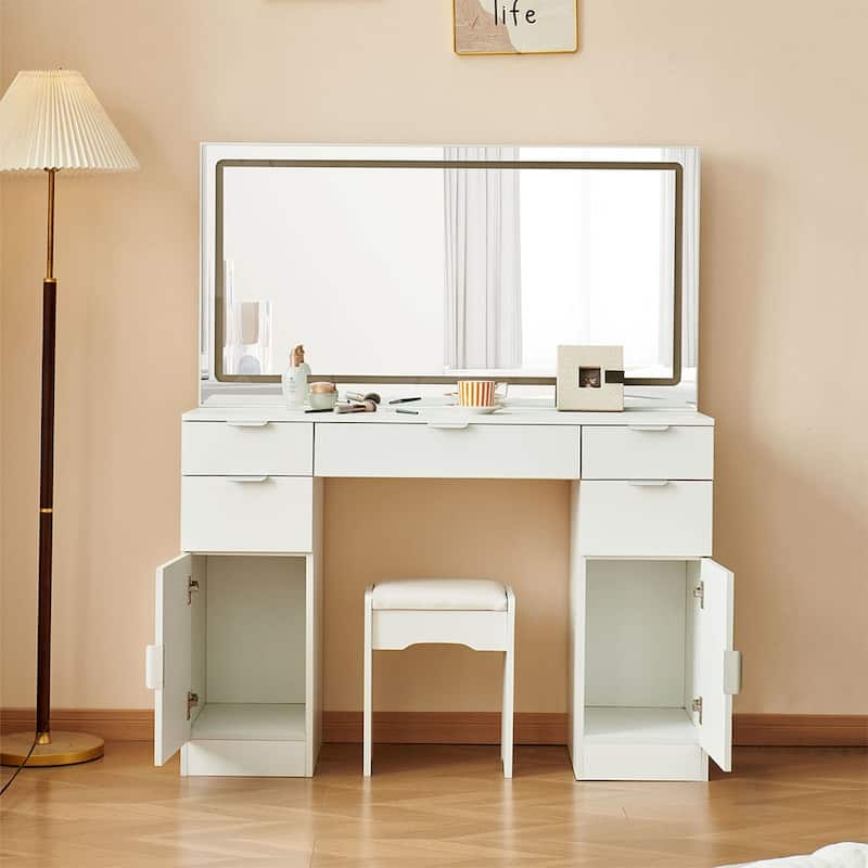 White Makeup Dressing Table with Adjustable Lighting LED Mirror and 5 Drawers for Bedroom - 15.8”D x 46.1"W x 56.1"H